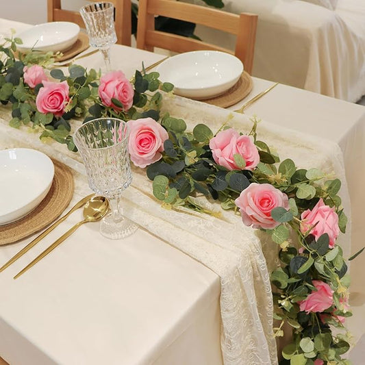 1 Pack Artificial Garland Eucalyptus Vine with 12 Roses for Home Decor Wedding Table Runner Centerpiece DIY Wreath Decor (Pink)