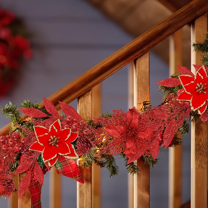 Winlyn 35 Pcs Christmas Artificial Poinsettia Flowers Picks and Artificial Leaves Sprays Red Glitter Christmas Picks for Red Christmas Tree Holiday Floral Arrangement Centerpiece Wreath Garland Décor