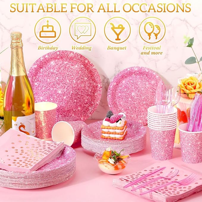 Hushee 350 Pcs 50 Guests Pink Paper Party Plates and Cups Napkins Sets Holographic Glitter Disposable Dinnerware Plastic Forks Knives Spoons Birthday Bachelorette Wedding Party Supplies