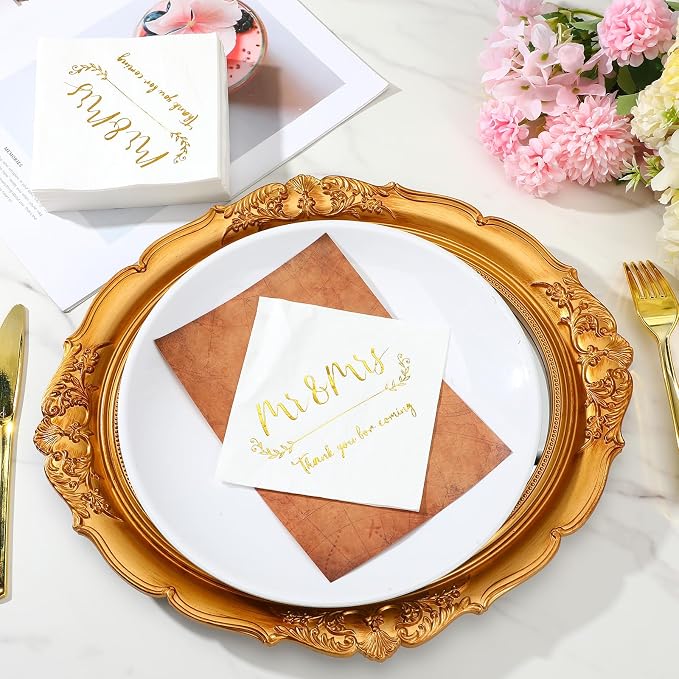 200 Pack Gold Foil Mr and Mrs Wedding Cocktail Napkins for Wedding Party Reception Dessert Cake Table Decorations Welcome to Our Beginning Disposable Napkins