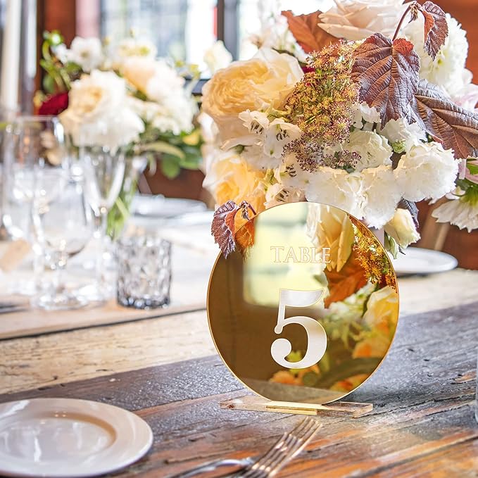 Acrylic Wedding Table Numbers 1-25 with Stands,4.8"Round Mirror Gold Table Number Signs and Holders for Wedding Reception, Party, Event, Centerpiece Decoration