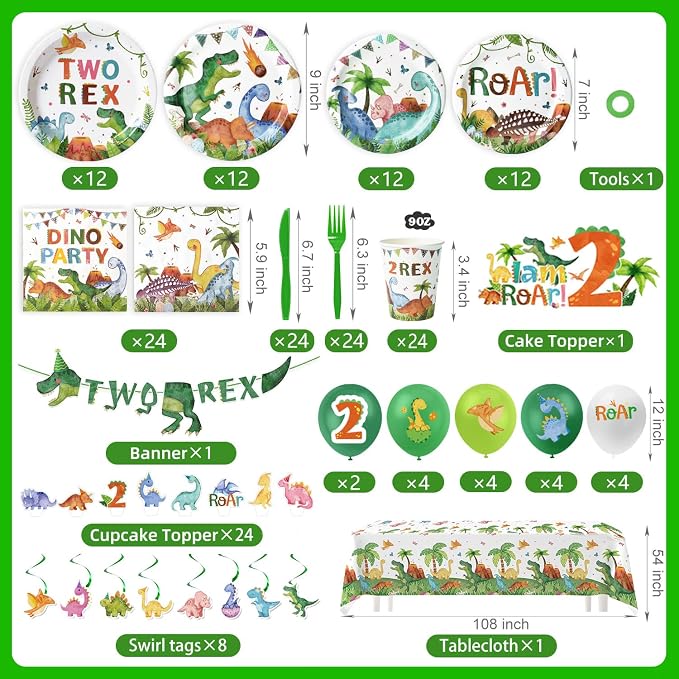 2nd Birthday Dinosaur Party Supplies Set - 197 Pcs for 24 Guests, 2-Rex Theme Decorations with Banner, Balloons, Tableware & Cake Toppers
