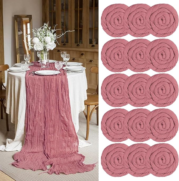 15 Packs Cheesecloth Table Runner Dusty Rose,10 Ft Dark Pink Rustic Gauze Boho Wedding Table Runner Decoration, Wedding Table Decor Table Cloth for Wedding Party Bridal Shower Table,21.5x120in