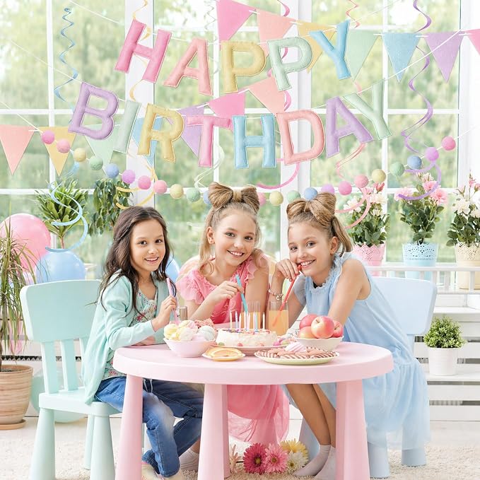 Kriyokiaa Pre-Strung Felt Happy Birthday Banner Pastel Happy Birthday Party Decorations with Pom Pom Garland, Flag and Hanging Swrils for Women Girls Party Decor