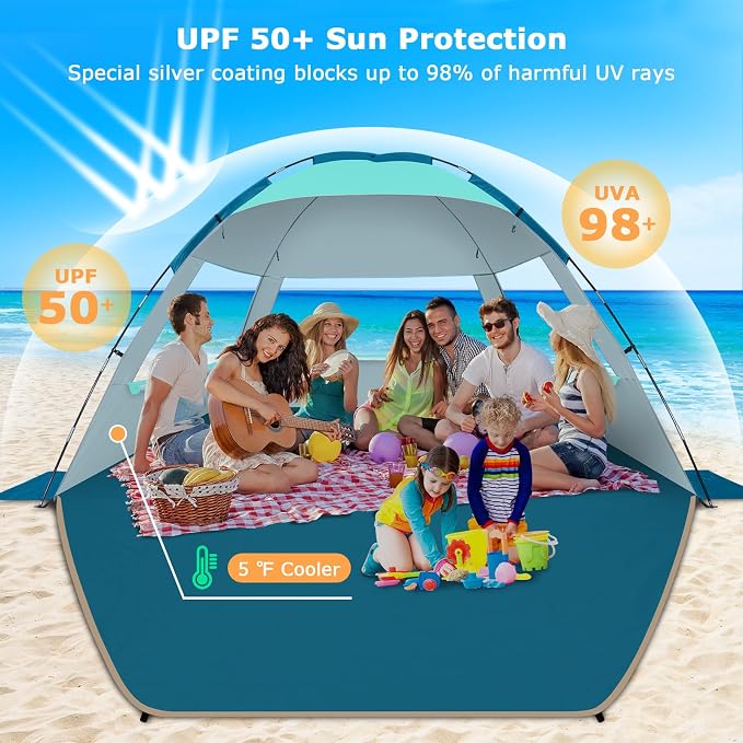 COMMOUDS Beach Tent Sun Shelter for 3/4/6/8 Person, UPF 50+ UV Protection Beach Shade Canopy Tent, Lightweight, Easy Set Up and Carry