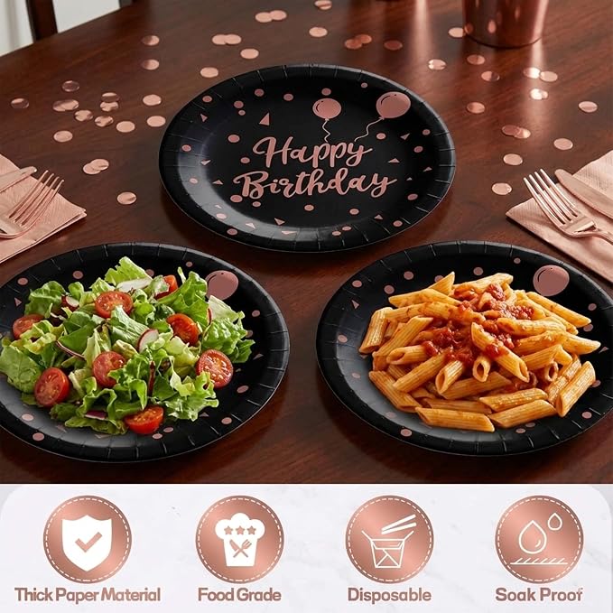 Rose Gold and Black Birthday Decorations - Party Supplies Kit with Tablecloth, Paper Plates, Photo Props, Champagne Foil Balloon, Fringe Curtains, Cake Topper and Banner for Women 18th 21st 30th 40th