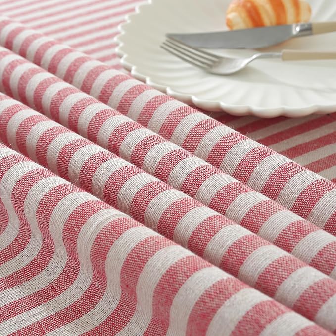 meioro Rectangle Striped Tassels Tablecloth Cotton Linen Stain and Wrinkle Resistant Washable SquareTable Cloth Cover for Indoor or Outdoor Events & Parties(Red 47x47 Inch)
