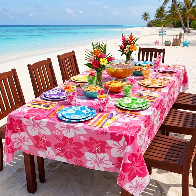 Vesici 452 Pcs Hawaiian Luau Party Supplies Set Tropical Hibiscus Tableware Kit with Plates Napkins Tablecloths Cups Utensils Straws for Summer Beach Pool Birthday BBQ Aloha Party Decor, Serve 50