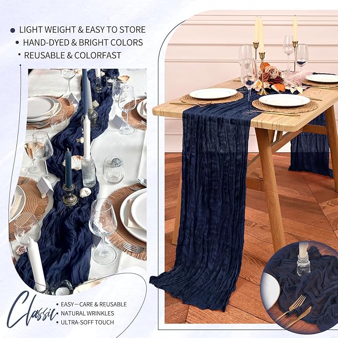 20 Pack Navy Blue Cheesecloth Table Runner 10FT Boho Gauze Cheese Cloth Table Runners Romantic Rustic Sheer Table Decorations for Wedding Party Baby Shower Birthday Holiday Home