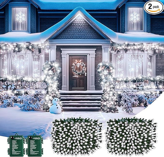 Brightown Christmas Lights Outdoor Battery Operated, 2 Pack Total 33FT 100 LED Battery Powered Fairy Lights with Timer,8 Modes,Waterproof Christmas String Lights for Outside Indoor Bedroom, Pure White