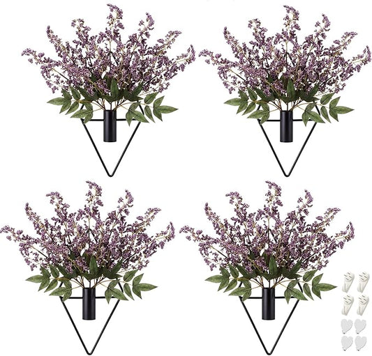 Hanaive 4 Sets Boho Wall Decoration Metal Wall Art Hanging Planters with Artificial Pampas Display Modern Home Vase for Bedroom Home Office(Elegant,Light Purple)