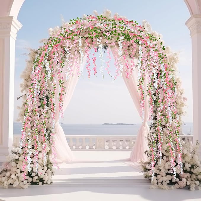 Thiccywoov 4pcs Wisteria Artificial Flowers Garland, 7.2Ft/Piece Wisteria Hanging Flowers Garland for Wedding Arch Decoration Outdoor Ceremony Home Backdrop Garden (Pink,Dark Pink,White)