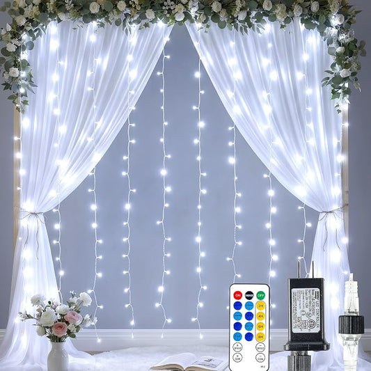 HEYFUNi 6.6FT x 6.6FT Cool White Curtain Lights Plug in, 200 LED | Window String Lights With Remote, 8 Modes, Timer, Memory, Connectable Fairy Lights for Bedroom Wall Wedding Dorm Decor, White