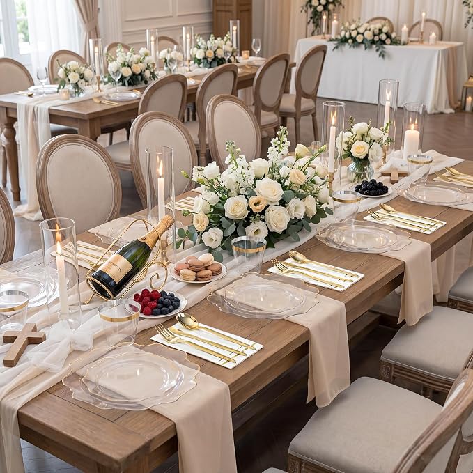 WDF 350Pcs Clear and Gold Plastic Plates - Heavy Duty Clear Plates Disposable - Gold Dinnerware Sets of 100 Plastic Plate 150Silverware 50 Cups 50 Napkins for Wedding Baby Shower Spring
