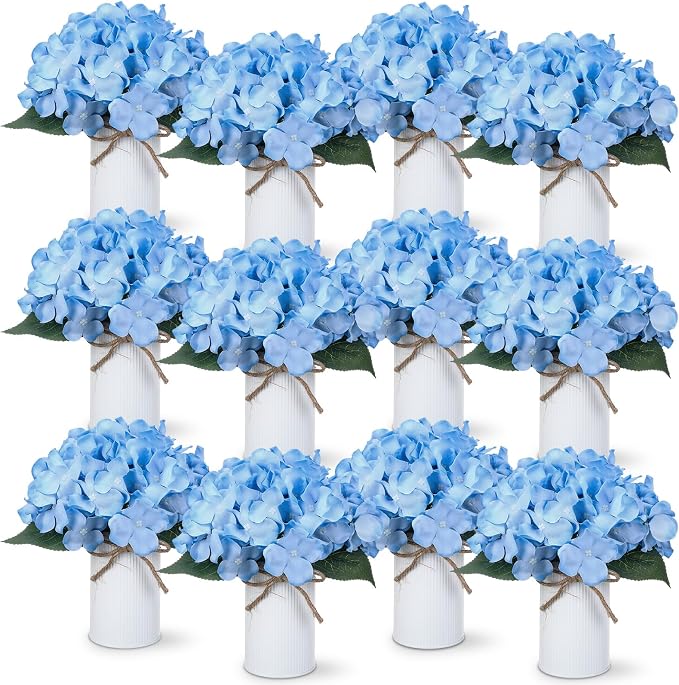 Zeyune Blue 12 Sets Wedding Flower Table Centerpieces Artificial Hydrangeas with Rustic Metal Vase Fake Hydrangea Flowers in Pot Floral Arrangement for Wedding Bridal Tea Party Table Home Decor