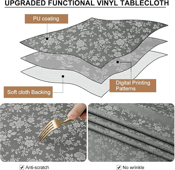 Smiry Rectangle Table Cloth, Waterproof Heavy Duty Vinyl Tablecloths, Wipeable Washable Table Cover for Kitchen and Dining Room (Grey, 60" X 102")