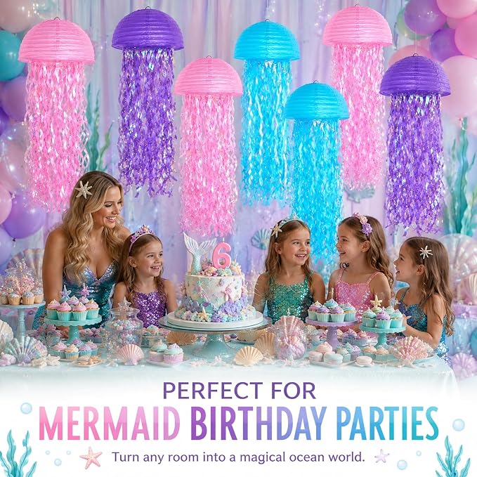 6-Pack Jellyfish Paper Lanterns, Pink Purple Blue Under The Sea Party Decorations, Mermaid Birthday Decorations for Girls, Ocean Themed Baby Shower, Pool & Beach Party Decor