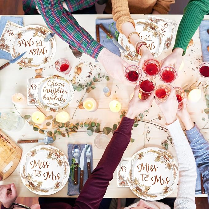 Grencian 96Pcs Boho Bridal Shower Decorations Miss to Mrs Party Plates Disposable Boho Bride to Be Paper Tableware for Bride Groom Bachelorette Party Wedding Engagement Party Supplies, Serves 24
