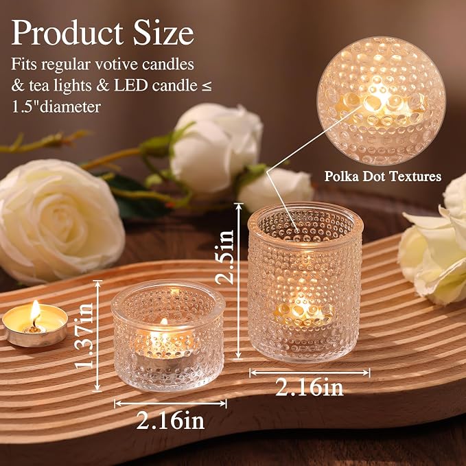 30-Pack Clear Glass Votive Candle Holders - Polka Dot Textured Tealight Holders with Mixed Heights (15 Large + 15 Small) for Wedding Centerpieces, Bridal Shower, Party & Everyday Home Decor