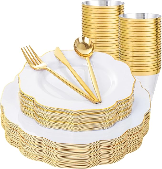 bUCLA 180PCS White and Gold Plastic Plates Disposable - White with Gold Rim Dinnerware Set Include 30 Guests Dinner & Dessert Plates, Cups, Cutlery Set for Wedding, Party & Thanksgiving Table Decor