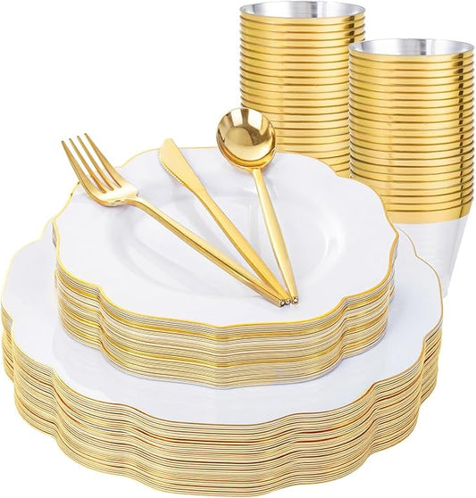 bUCLA 180PCS White and Gold Plastic Plates Disposable - White with Gold Rim Dinnerware Set Include 30 Guests Dinner & Dessert Plates, Cups, Cutlery Set for Wedding, Party & Thanksgiving Table Decor