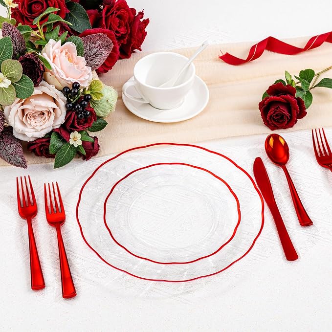 LIYH 350 Pcs Red Plastic Dinnerware Set for 50 Guests, Clear Disposable Plastic Plates with Red Rim Include: Dinner & Dessert Plates, Napkins, Cups, Silverware for Party Birthday