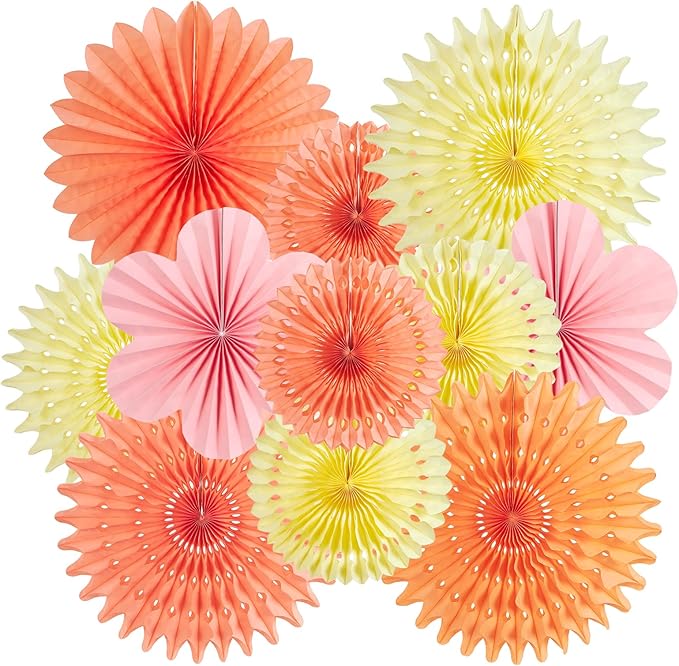 11 PCS Paper Flowers Decorations for Wall Orange Pink Paper Fans Floral Hanging Decoration for Backdrop Birthday Classroom Baby Shower Wedding Bridal Bachelorette Party Decor