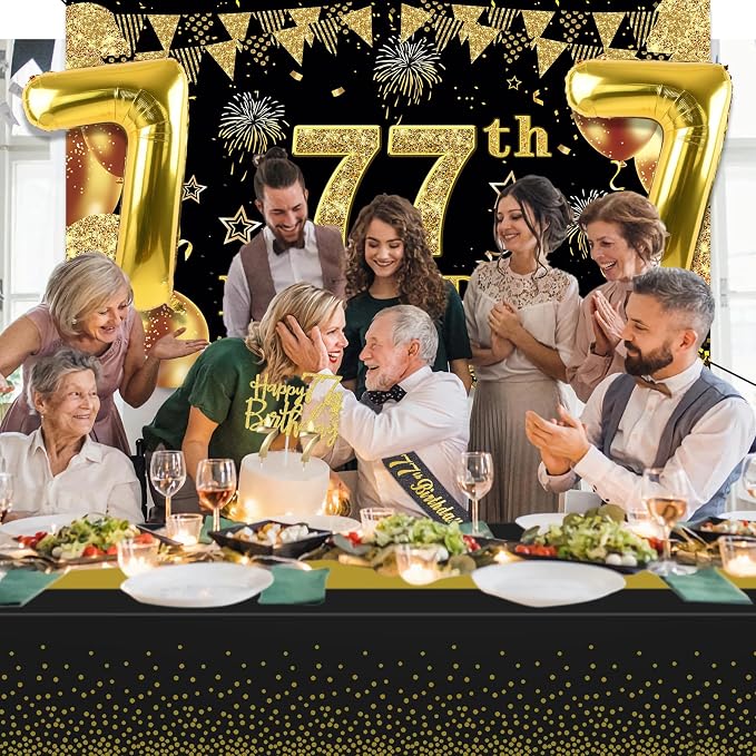 77th Birthday Decorations Men Women with 77th Birthday Banner, Black and Gold Table Cloth, Number Balloons, Sash, Cake Topper and Candles