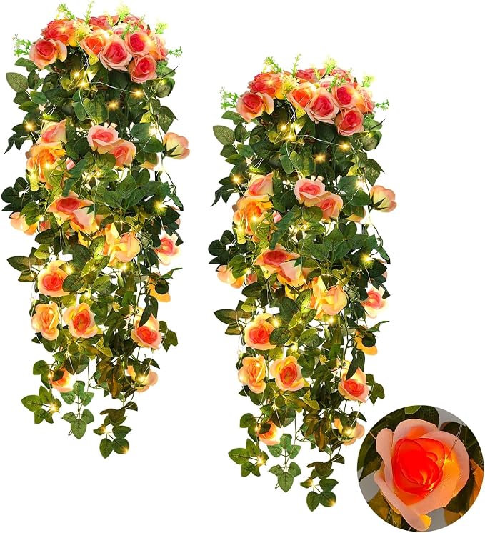 RECUTMS Artificial Hanging Rose Flower Plants, 4 PCS 37 Inches Light Pink Fake Floral Ivy Garland with 30 LED Fairy String Lights for Home Garden Wedding Bridal Shower Derby Party Indoor Outdoor Decor