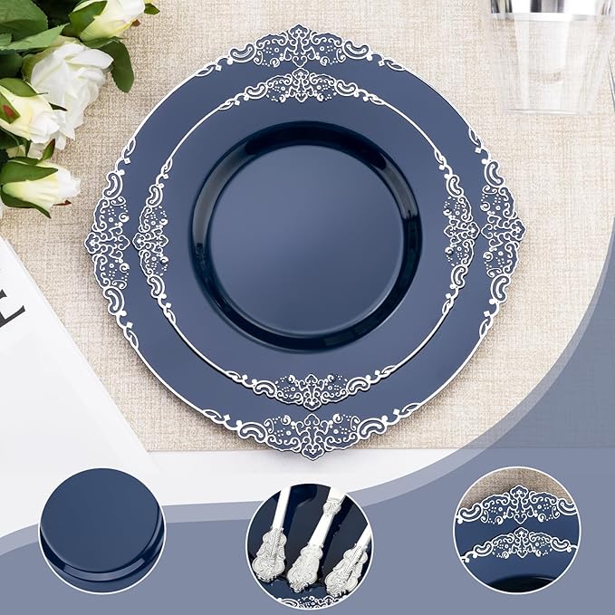 Bestluck 175PCS Navy Blue Plastic Plates for 25 Guests, Disposable Plates with Silver Trim include 25 Dinner and Dessert Plates, 75 Gold Silverware, 25 Cups, 25 Napkins for Party, Wedding & Graduation