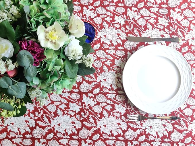 ATOSII Meraki Red 100% Cotton Tablecloth, Handblock Print Rectangle Table Cover for Kitchen Dining I Tabletop Linen I Parties, Thanksgiving, Christmas, Wedding, Fall Table Cloth 60 X 90 Inches