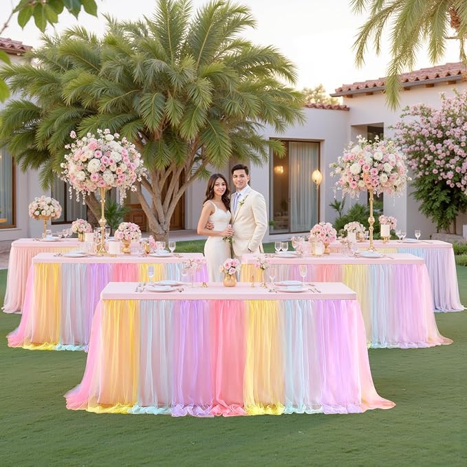 Rainbow Tablecloth Rectangle 8 Foot Elastic Tulle Ruffle Fitted Tablecloths Rectangular Stretch Spandex Table Covers 8ft Baby Shower Birthday Wedding Party Pastel Table Cloths with Skirt