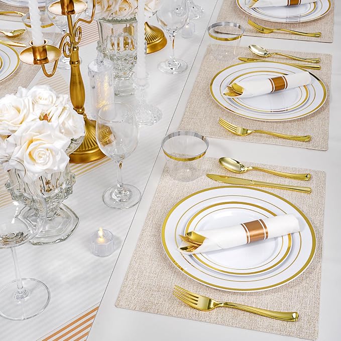 175 PCS White and Gold Plastic Dinnerware Set for 25 Guests, 50 Disposable Plates for Party, 25 Pre Rolled Napkins with Gold Silverware, 25 Cups