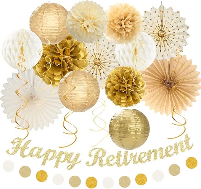 Beige-Gold Happy Retirement Party Decorations Banner Women Men Huglony | 21pcs Retiree Farewell Banner,Streamers,Paper Lanterns,Pom Poms Fans,Work Teacher Retirement Supplies Backdrop Favors