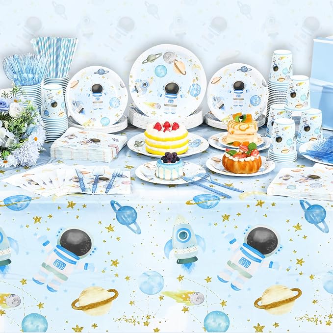 Potchen 452 Pcs Party Supplies Serve 50 Guests, Paper Plates Napkins Cups Cutlery Plastic Tablecloth Dinnerware for Birthday Wedding Party Decoration (Baby Blue, Space)