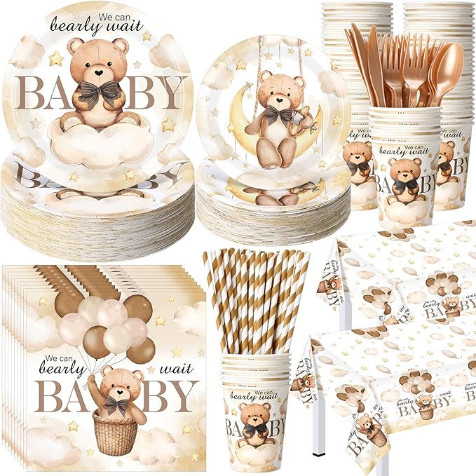 Funnymoom 452 Pcs 50 Guests We Can Bearly Wait Baby Shower Decorations, Brown Neutral Baby Shower Paper Plates Napkins Cups Tablecloth Cutlery Straws Tableware Set for Gender Reveal Party Supplies