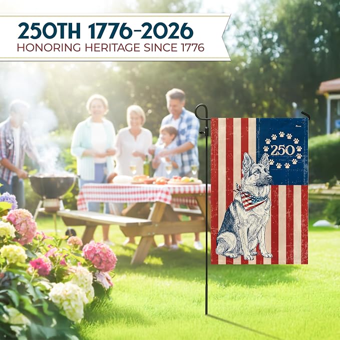 FLAGWIX 250 Anniversary American German Shepherd Flag - Polyester Double-sided Garden Flags For Outside (11.5" x 17.5") - 250 Years 4th of July Decorations for Home Yard Garden Decor Banner