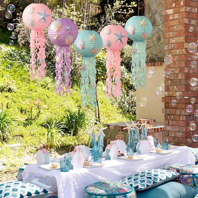 VioraWhite 18 Pcs Mermaid Birthday Party Decorations 6 Pcs 9.8'' Hanging Jellyfish Paper Lanterns 8 Starfish Decor 2 Holographic Iridescent Dot Garlands for Mermaid Under The Sea Ocean Birthday Decor