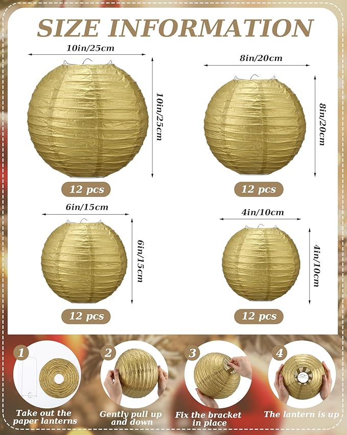 Treela 48 Pcs Paper Lanterns Party Decorations Chinese Round Paper Decor 4/6/8/10 Inch Asian Hanging Lamps Decorative for Graduate Wedding Birthday Party Bridal Parties Supplies(Gold)