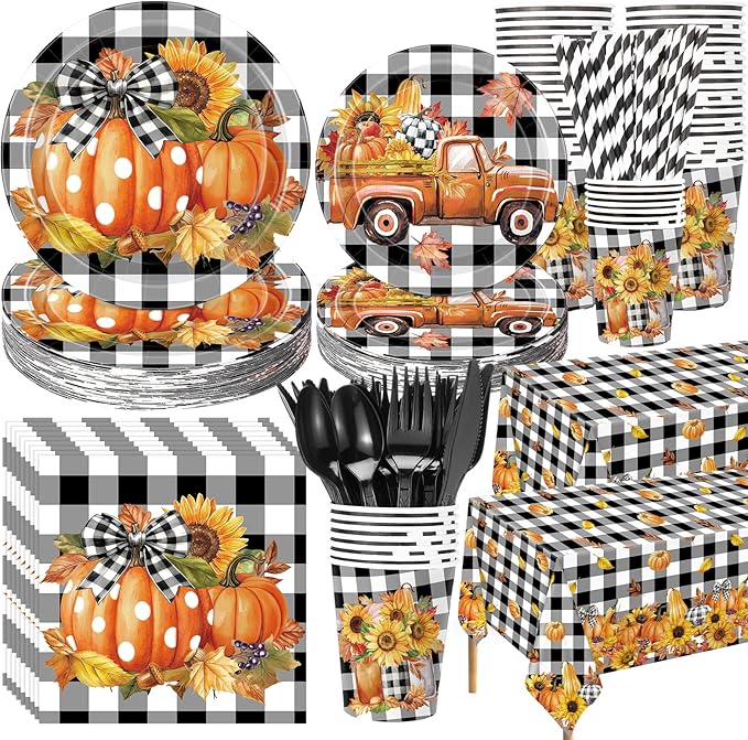 Funnymoom 452 Pcs Fall Thanksgiving Party Decorations, Black White Buffalo Plaid and Orange Pumpkin Maple Leaves Paper Plates Napkins Cups Tablecloth Cutlery Straws for Autumn Harvest Party Supplies