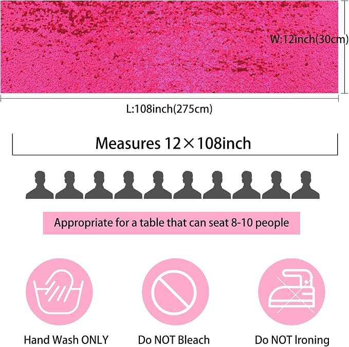 12 Packs Sequin Table Runner Hot Pink 12 X 108 Inch Glitter Dining Table Runner for Birthday Wedding Engagement Bridal Baby Shower Bachelorette Holiday Celebration Party Supplies Decorations