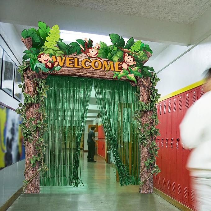 Peryiter 5 Pcs Rainforest Jungle Party Decorations Vbs 2026 Jungle Party Porch Banners Green Foil Fringe Backdrop Curtains Vbs 2026 Ceiling Hanging Decor for Sunday School Summer Birthday
