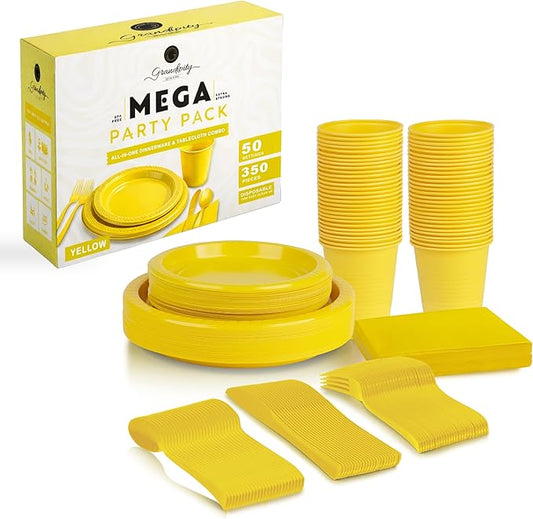 Grandipity 350 Piece Yellow Disposable Dinnerware Set, Includes 50 of Each: 9" Dinner Plates, 7" Dessert Plates, 12oz Cups, Paper Napkins, Forks, Knives & Spoons