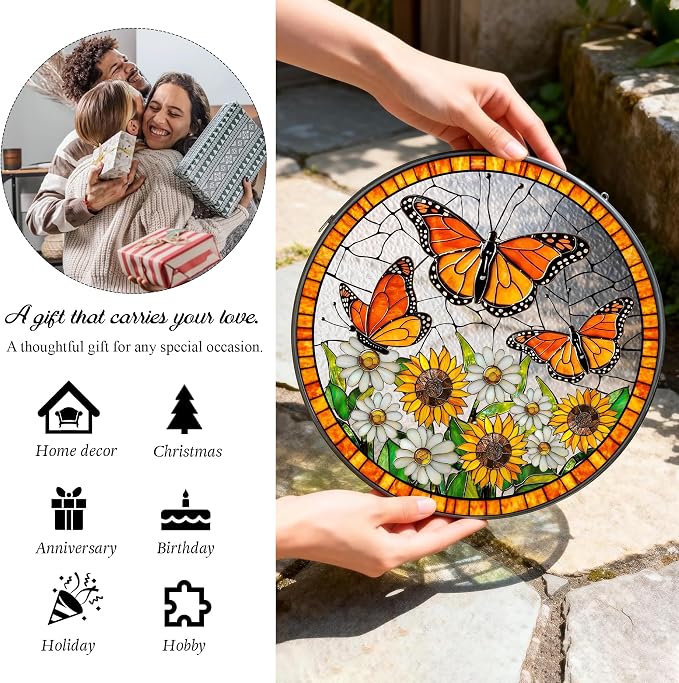 Daisy and Butterfly Stained Glass Suncatcher for Window – Monarch Butterfly Sunflower Daisy Round Sun Catcher 6x6 Inch – Gift for Butterfly Lovers Women Home Decor Hanging Decoration