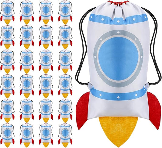 Kingdder 24 Pcs Rocket Drawstring Bags for Kids Rocket Space Themed Party Favor Bags Sport Astronaut Backpack Candy Goodie
