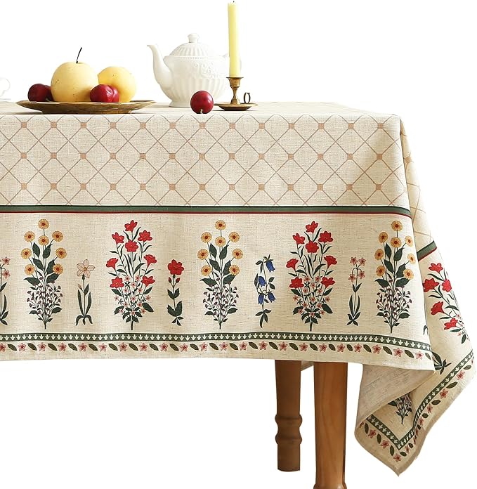 ISAENNE Designer French Linen Rectangular Tablecloth,79"x55"-Bertina E | Elegant French Table Cloth for Rectangle Table,Colorful Floral Pattern,Dining Room,Tea Party,Kitchen,Thanksgiving,Decor