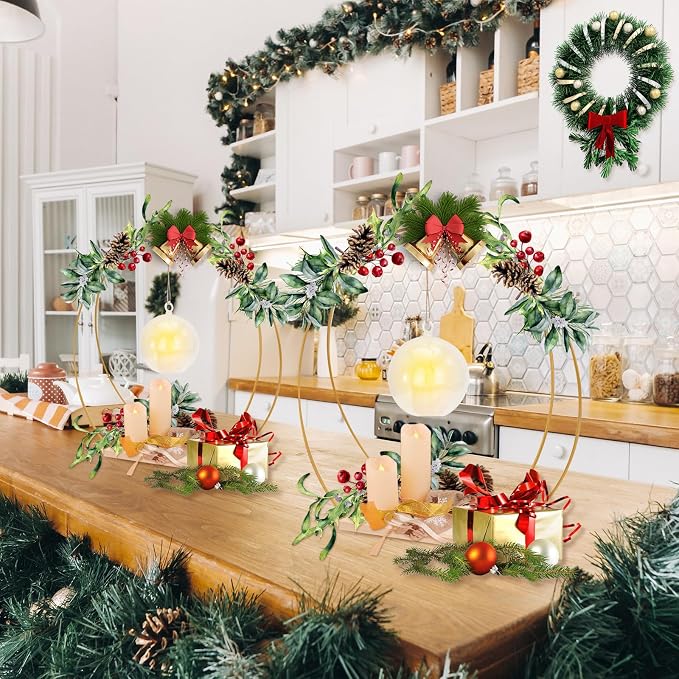 cenoz 8 Pack 12Inch Double Floral Hoop Centerpiece for Tables, Hoop Centerpiece Kit with Candle Light & Clear Acrylic Base, Metal Wreath Ring for DIY Table Wedding Decorations(Flower Not Included)