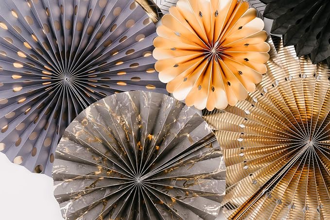 PapaKit 8-Piece Origami Paper Fan Decorations - Charcoal & Gala Blue with Metallic Gold - Reusable Party Wall Backdrop for Wedding, Baby Shower, Birthday, Graduation