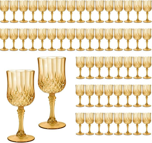 CHLJAR 7oz Plastic Vintage Drinking Glasses Wine Glasses Vintage Champagne Flutes Unbreakable Wedding Glassware Crystal Water Goblets Reusable Drinkware (Amber, 48 PCS)