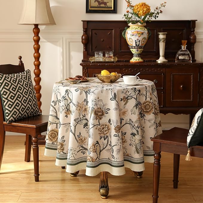 ISAENNE Designer Vintage Linen Round Tablecloth,Diameter 67"-Murad A | French Elegant Floral and Bird Pattern Beautiful Durable Table Cloth for Dining Room Tea Party Kitchen Thanksgiving,Decor